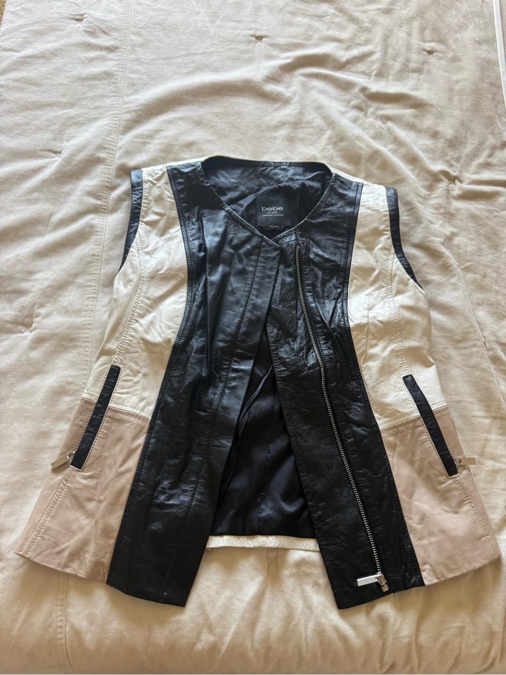 bebe Black and Off-White Leather-Panel Sleeveless Vest